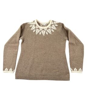Garnet Hill Sweater Womens L Taupe 100% Cashmere Fair Isle Round Neck Thick Soft